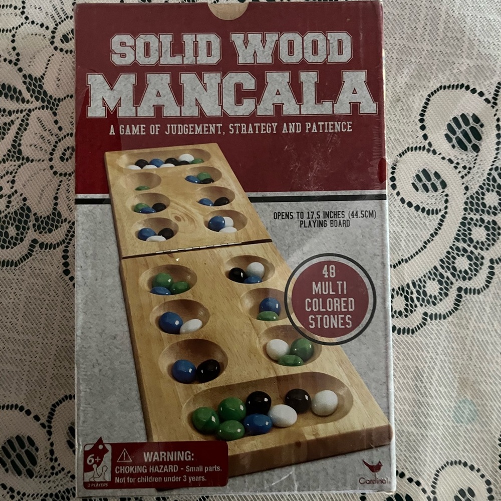 Solid Wood Mancala Game with Multi-Colored Stones